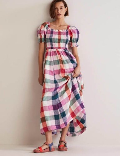 Boden Smocked Bodice Midi Dress Bonbon and Flambe – women’s check print linen summer dresses – womens checked fashion – puff sleeved clothes
