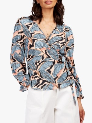 John Lewis Somerset by Alice Temperley Banana Leaf Print Wrap Blouse, Multi – Crafted from sustainable polyester – beautiful banana leaf print in shades of peach and pastel blue - flipped
