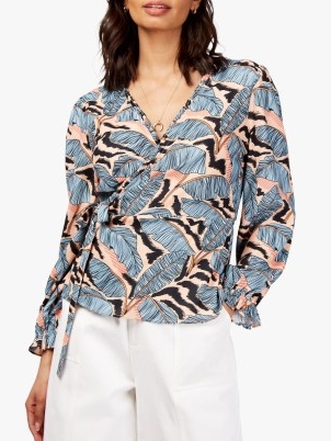 John Lewis Somerset by Alice Temperley Banana Leaf Print Wrap Blouse, Multi – Crafted from sustainable polyester – beautiful banana leaf print in shades of peach and pastel blue