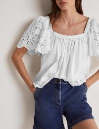 Boden Square Neck Woven Mix Top – broderie angel sleeve cotton tops – feminine summer fashion