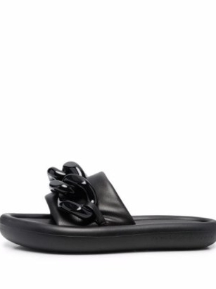 Stella McCartney chain-embellished Air slides / women’s black padded slide sandals / womens casual summer footwear / chic sliders / FARFETCH - flipped