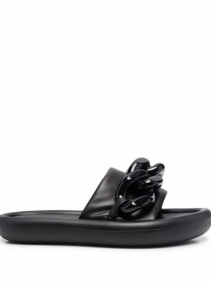 Stella McCartney chain-embellished Air slides / women’s black padded slide sandals / womens casual summer footwear / chic sliders / FARFETCH