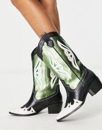Stradivarius knee high metallic western boot in green ~ women’s cowboy boots
