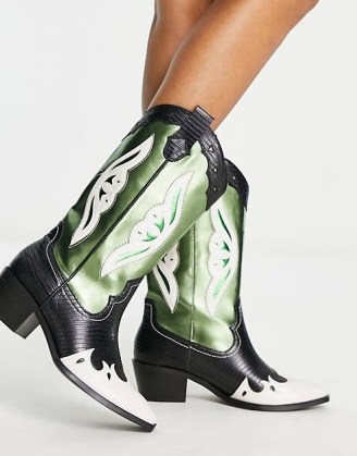 Stradivarius knee high metallic western boot in green ~ women’s cowboy boots - flipped