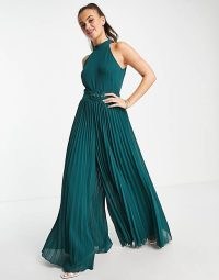 Style Cheat high neck belted jumpsuit in emerald ~ green sleeveless floaty wide leg jumpsuits ~ pleated sheer overlay ~ asos women’s occasion clothes ~ glamorous evening fashion