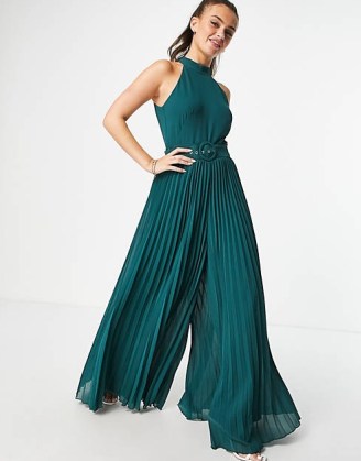 Style Cheat high neck belted jumpsuit in emerald ~ green sleeveless floaty wide leg jumpsuits ~ pleated sheer overlay ~ asos women’s occasion clothes ~ glamorous evening fashion - flipped