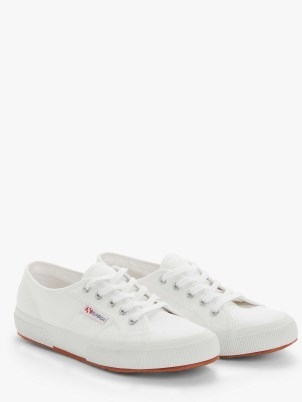 John Lewis Superga 2750 Cotu Classic Canvas Vegan Trainers, White – lightweight, understated simple canvas tennis shoe – fully breathable pure cotton upper and vulcanised gum rubber sole and white sidewall - flipped