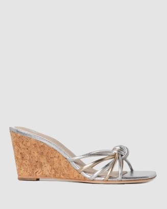 PAIGE Sydney Wedge Silver/Light Gold Multi Leather / strappy knotted wedged mules / metallic knot detail wedges / square toe summer mules - flipped