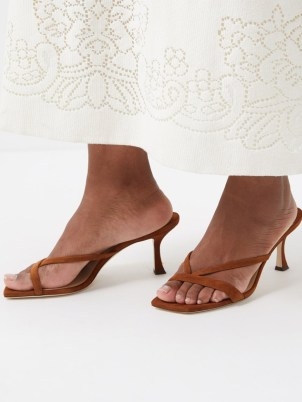 JIMMY CHOO Maelie 70 suede sandals ~ tan brown toe post mules ~ MATCHESFASHION - flipped
