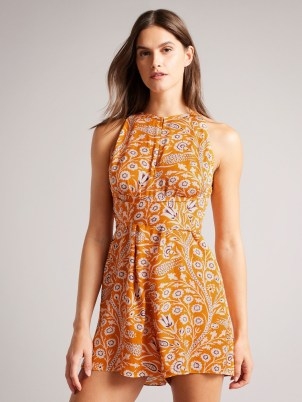 John Lewis Ted Baker Eiverly Floral Playsuit, Orange – halter neckline – loose-fitting leg – made from smooth viscose – blooming with florals - flipped
