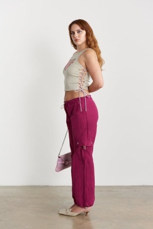 Peachy Den – The Mimi Bottoms in Berry and Candy – classic 90’s cargo pant – adjustable cord and toggle waistband and hems – sizable front, back, and side pockets - flipped