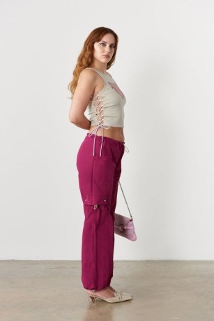 Peachy Den – The Mimi Bottoms in Berry and Candy – classic 90’s cargo pant – adjustable cord and toggle waistband and hems – sizable front, back, and side pockets