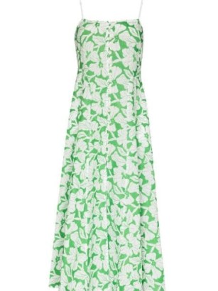 Three Graces Oonagh floral-embroidered midi dress ~ green and white spaghetti strap dresses ~ women’s cotton fashion ~ womens designer summer clothes at FARFETCH
