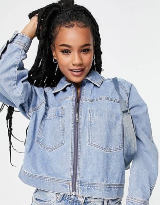 Topshop Petite boxy crop denim jacket in bleach ~ women’s blue bleached zip up jackets ~ womens petite size fashion at asos - flipped