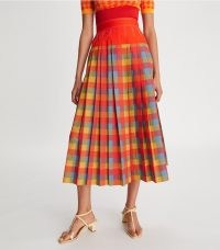 Tory Burch VERONICA PLAID PLEATED SKIRT Tomato Red / women’s checked cotton skirts