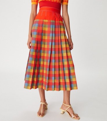 Tory Burch VERONICA PLAID PLEATED SKIRT Tomato Red / women’s checked cotton skirts - flipped
