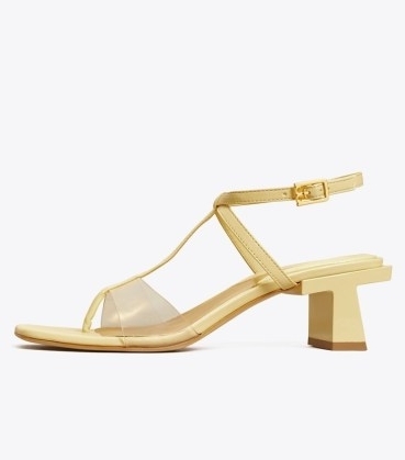 Tory Burch BLOCK T HEEL STRAPPY SANDAL in Sweet Corn / Clear – luxe transparent panel T-bar sandals / contemporary designer shoes / square toe - flipped