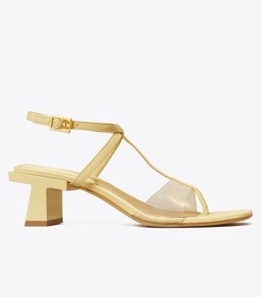 Tory Burch BLOCK T HEEL STRAPPY SANDAL in Sweet Corn / Clear – luxe transparent panel T-bar sandals / contemporary designer shoes / square toe