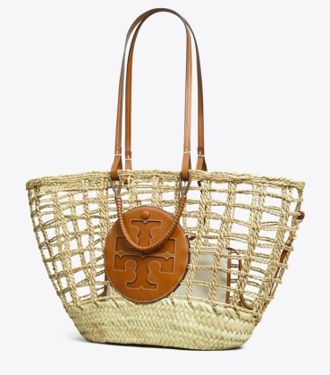 ELLA OPEN-WEAVE BASKET TOTE BAG Natural ~ chic woven summer bags with removable canvas pouch ~ leather trim raffia bag - flipped