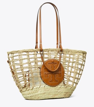 ELLA OPEN-WEAVE BASKET TOTE BAG Natural ~ chic woven summer bags with removable canvas pouch ~ leather trim raffia bag