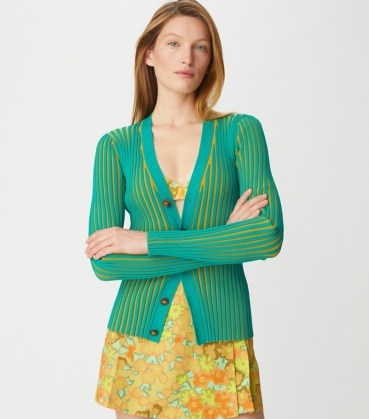 Tory Burch PLAITED-RIB CARDIGAN Radiant Green / Honeynut ~ women’s striped cardigans ~ womens designer knitwear - flipped