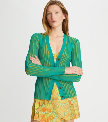 Tory Burch PLAITED-RIB CARDIGAN Radiant Green / Honeynut ~ women’s striped cardigans ~ womens designer knitwear