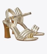 Tory Burch PUFFY SANDAL in Spark Gold ~ metallic leather sandals with tubular straps ~ glamorus quilted high block heels