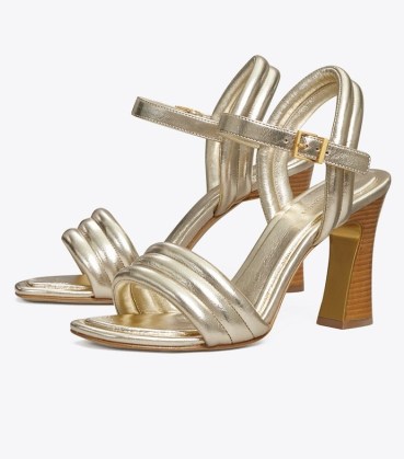 Tory Burch PUFFY SANDAL in Spark Gold ~ metallic leather sandals with tubular straps ~ glamorus quilted high block heels - flipped