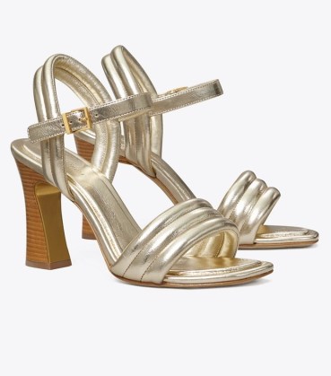 Tory Burch PUFFY SANDAL in Spark Gold ~ metallic leather sandals with tubular straps ~ glamorus quilted high block heels