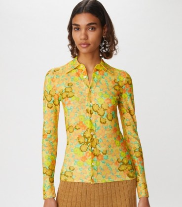 Tory Burch BLOSSOMS KNIT SHIRT ~ women’s yellow retro print shirts ~ vintage floral prints on womens clothes - flipped