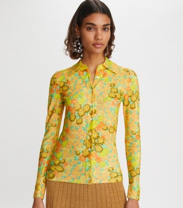 Tory Burch BLOSSOMS KNIT SHIRT ~ women’s yellow retro print shirts ~ vintage floral prints on womens clothes