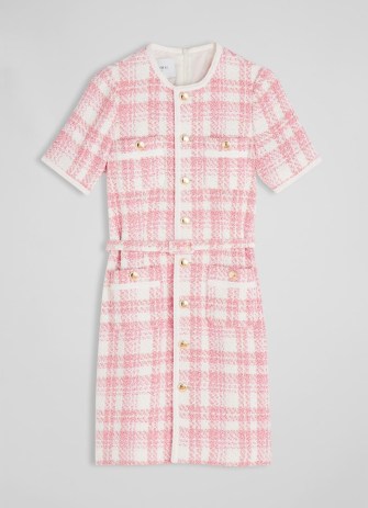 L.K. BENNETT Valentina Pink and Cream Check Tweed Dress ~ classic short sleeved textured checked dresses - flipped