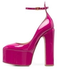 Valentino Garavani Tan-Go 155mm platform pumps ~ hot pink patent leather ankle strap platforms ~ women’s designer retro style shoes ~ womens chunky vintage inspired high block heels ~ FARFETCH
