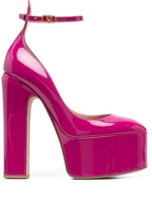 Valentino Garavani Tan-Go 155mm platform pumps ~ hot pink patent leather ankle strap platforms ~ women’s designer retro style shoes ~ womens chunky vintage inspired high block heels ~ FARFETCH - flipped