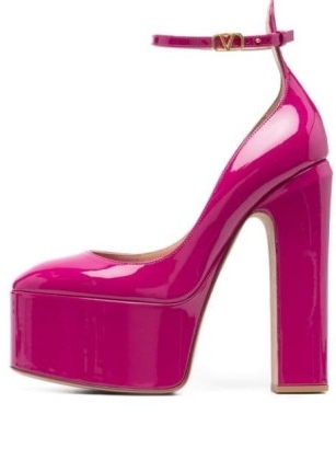 Valentino Garavani Tan-Go 155mm platform pumps ~ hot pink patent leather ankle strap platforms ~ women’s designer retro style shoes ~ womens chunky vintage inspired high block heels ~ FARFETCH