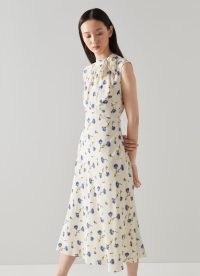 L.K. BENNETT Vali Cream Cornflower Print Tie Neck Silk Dress / chic floral occasion dresses / ladylike summer event clothes