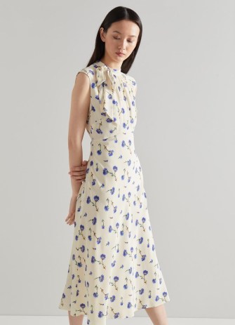 L.K. BENNETT Vali Cream Cornflower Print Tie Neck Silk Dress / chic floral occasion dresses / ladylike summer event clothes - flipped