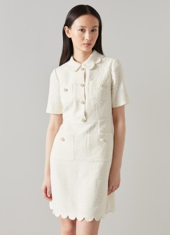 L.K. BENNETT Venetia Cream Tweed Scallop Edge Dress ~ chic textured scalloped trim dresses