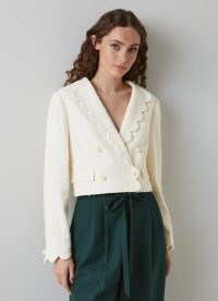 L.K. BENNETT Venice Cream Tweed Scallop Edge Cropped Jacket ~ feminine cropped scalloped trim jackets ~ textured fabric ~ women’s modern classics
