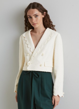 L.K. BENNETT Venice Cream Tweed Scallop Edge Cropped Jacket ~ feminine cropped scalloped trim jackets ~ textured fabric ~ women’s modern classics - flipped