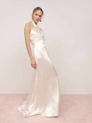 Reformation Veria Silk Dress in Ivory ~ luxe halterneck wedding dresses ~ elegant vintage style halter neck bridal gowns - flipped