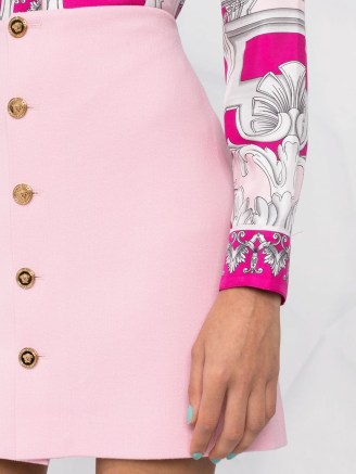 Versace Medusa A-line wool skirt – rose pink front button skirts ~ women’s designer fashion at FARFETCH - flipped