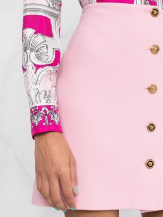 Versace Medusa A-line wool skirt – rose pink front button skirts ~ women’s designer fashion at FARFETCH
