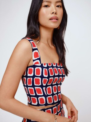 Reformation Vio Linen Top in Napoli – printed square neck wide shoulder strap crop tops – smocked back bodice – chic cropped fashion - flipped