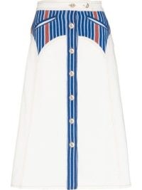 Wales Bonner Cotonou denim midi skirt | white striped panel A-line skirts | front button fastening | women’s classic style fashion | FARFETCH