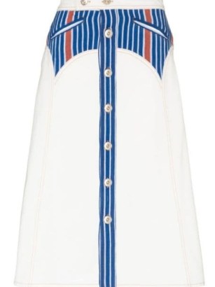 Wales Bonner Cotonou denim midi skirt | white striped panel A-line skirts | front button fastening | women’s classic style fashion | FARFETCH - flipped
