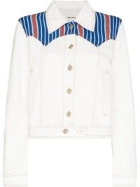Wales Bonner Cotonou striped cropped denim jacket | women’s white Western inspired stripe panel jackets | womens organic cotton fashion | FARFETCH