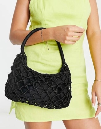 ASOS Weekday 90’s recycled polyester crochet shoulder bag in black – Baguette style – Shoulder strap – Crochet overlay - flipped