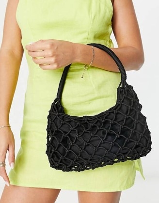ASOS Weekday 90’s recycled polyester crochet shoulder bag in black – Baguette style – Shoulder strap – Crochet overlay