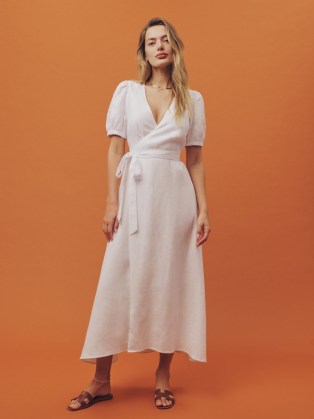 Reformation Weiss Linen Dress in White / puff sleeved midi length wrap dresses / tie waist / women’s effortlessly stylish summer fashion / chic minimalist warm weather clothes - flipped